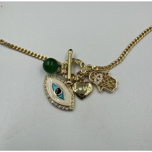 Gold Tone Evil Eye Jadeite Bead Heart Hasma Rhinestone Luck Charm Necklace 24” - Picture 4 of 7